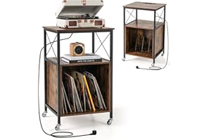 KOMFOTTEU Stojak na gramofon ze stacją ładującą, stolik boczny do płyt winylowych z wyjmowanymi przegrodami, szafa do przechowywania z metalową ramą, do gabinetu, biura