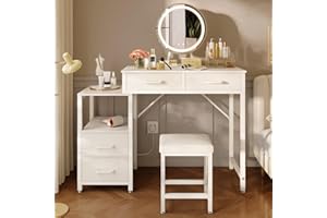 ODK Vanity Desk with Adjustable LED Mirror, Dressing Table with 4 Drawers & Interchangeable Side Cabinet, Dressing Table with Stool, Compact Vanity Makeup Table Set, White Makeup Desk 80×40×130cm