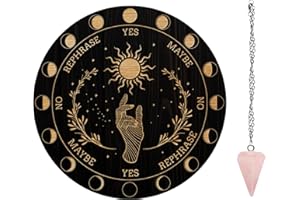 AHANDMAKER Planche à Pendule Main Magique Soleil, 7.8" Panneau de Métaphysique de Divination en Bois Sculpté avec Collier de Pendule en Cristal Divination pour Sorcellerie Wiccan Autel Kit