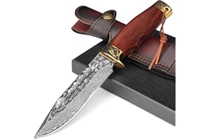 DRACHENADER coltello da caccia lama fissa Yu - Ln, 14,7cm lunghezza lama cintura con fodero in pelle, acciaio 5cr14mov, manico in legno, campeggio sopravvivenza all'aperto (B- Damast Stahl Klinge)