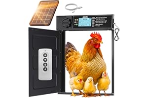 OKKÖBI Okkobi Porte Automatique Poulailler Solaire - Pro Modèle - Télécommande, Capteur Lumière et Minuterie - Fonction Anti-pincement - Large Ouverture - Ecran LCD - Protection 5 Ans