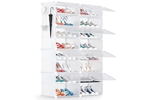 YIHATA Scarpiera, 2 x 8 Livelli Portascarpe 32 Paia di Scarpe, Scaffale Portaoggetti Modulare, con Sportello Trasparente, Pannelli di Plastica per Corridoio Soggiorno Camera da Letto, Bianco