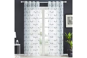 ‎TOPFINEL Topfinel Voile Gardinen mit Ösen in Leinen-Optik Fußball-Stickerei für Kinderzimmer Wohnzimmer Fenster Tülle Vorhänge Transparente Dekoschal 2er Set je 240x140cm (HxB) Schwarz