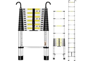 Rewing Telescopic Ladder Extendable Ladder 3.5M/11.48FT Stainless Steel Thickened High-Ladders extendable with Stabilizer Bar and Detachable Hooks, Multi Purpose Extendable for Roof Caravans Attic