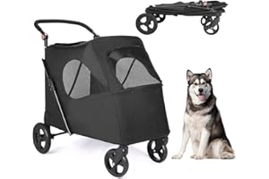 AESRAOU Large Dog Travel Stroller with 4 Heavy Duty Wheels Pet Stroller with Adjustable Handle - Double Doggie Capacity Jogger Wagon with Back Front Door for Small Medium Large Dogs (Black)