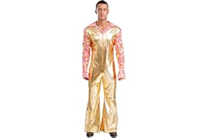 Fldy Herren Metallic Jumpsuit Glitzer 70er 80er Jahre Hippie Disco Outfit Overall Mit Schlag Festival Party Fasching Clubwear