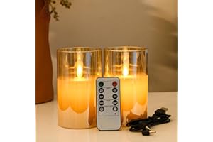 FiiMoo Velas Recargables, Pack de 2, Velas con Mando y Temporizador, USB, Decoración para Navidad, Fiestas, Bodas y Cumpleaños - 10cm Vidrio Marrón