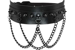 JJDreams Gothic Choker Spike Rivet with 3 Layered Chain Adjustable Punk PU Leather Necklaces Collar