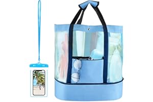 Booaee Strandtasche, Sandspielzeug Netztasche Große, Faltbare Handtaschen, Badetasche Wasserdichter, Wasserspielzeug Aufbewahrungstasche für Sommer Familie Urlaub (mit Wasserdichter Tasche)（Blau）