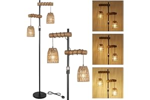 Rayofly Industrial Floor Lamps for Living Room, 2-Lights Dimmable Wooden Floor Lamp with Rattan Lampshade, Boho Rattan Floor Lamp, Black Standing Reading Lamp, Rustic Floor Lamp for Bedroom, Corner