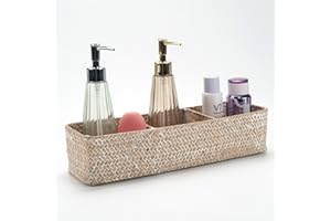 DECRAFTS Cestos Almacenaje Seagrass Caja Mimbre Rectangular con Compartimentos Decorativas para Organizar Papel Higiénico (Encalar 37cm x 12cm x 8cm)
