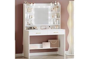 Hzuaneri 100cm Toeletta da Trucco, con specchio e luce LED, Moderno con Specchio, Postazione Make-up con Mensole Aperte e 2 Cassetti, per camera da letto, soggiorno, 40 x 100 x 149 cm, Bianco DT38703X