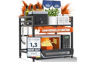 ‎HELDENWUNDER Heldenwunder Mikrowellenregal Küchenregal stehend Stahl (2-stufig) | Mikrowellen Regal Mikrowellenschrank | Vorratsregal Bäckerregal höhen & längenverstellbare Ablage + Videoanleitung, Haken - Schwarz