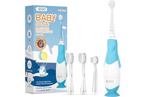 Seago Brosse à Dents électrique pour Enfants de 6 mois à 4 ans,étanche,Lampes à LED de Couleur et 4têtes de Brosse,Batterie Brosse à Dents Pour Bébé à Piles SG513 (Bébé bleu)…