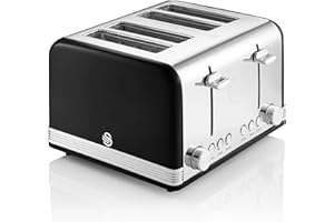 Swan ST19020BN Retro 4-Slice Toaster with Defost/Reheat/Cancel Functions, Cord Storage, 1600W, Retro Black