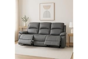 Bravich Luxury Grey Bonded Leather Manual Recliner Sofa - Living Room Furniture, Lounge Chair Sofa Set for Ultimate Comfort & Elegance. 3 Seater Sofa for Home (200cm x 93cm x 97cm)