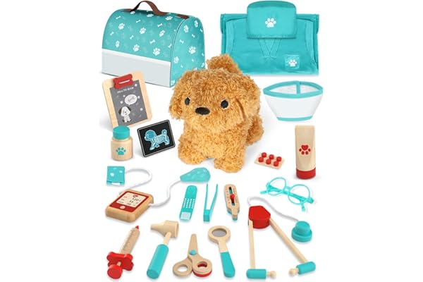 Malette Docteur Enfant, Vétérinaire Enfant en Bois, Malette Docteur avec Chien la Peluche, Jouet Fille 3 Ans(Vert)