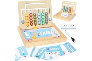 SIMSPEAR Wooden Educational Toys for Kids, Montessori Learning Toys with 25 Cards, Double Sided Alphabet and Math Slide Puzzle, Brain Teaser Logic Matching Letter Spelling Game, Gifts for Preschool Boys Girls