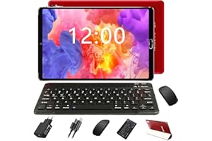 GOODTEL Tablette 10 Pouces Android 4Go RAM + 64Go ROM avec 8 Cœurs | Batterie 8000mAh | Double Caméra 5+8MP | Bluetooth | WiFi | MicroSD 4-256 Go, avec Cas, Clavier et Souris - Rouge