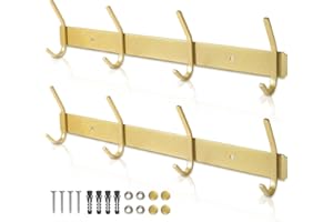 Qiannhee 2Pcs Heavy Duty Coat Rack Wall Mounted Coat Hooks Golden Wall Coat Rack 43CM Max 40KG with 4 Hooks Rustproof SUS304 Stainless Steel Clothes Rack Screw in for Bedroom Kitchen Bathroom Hallway