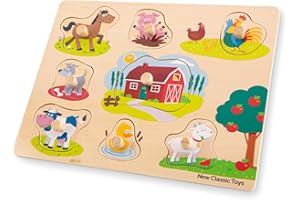 WOET New Classic Toys Wooden peg puzzle - 8 pieces - farm