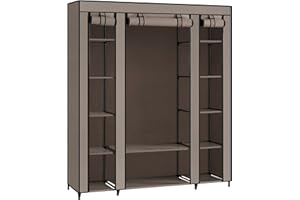 SONGMICS Armoire en Tissu, Armoire Portable pour Chambre à Coucher, Porte-Manteau avec Housse en Tissu, Porte-vêtements, 45 x 150 x 175 cm, 12 Compartiments, Structure en métal, Taupe LSF003R02