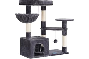 Hey-brother Árbol para Gatos Postes de sisal para rascar, Torre para Gatos de Varios Niveles, Estructura para Escalar con Plataforma Grande, Cesta, Gris Ahumado MPJ001SG