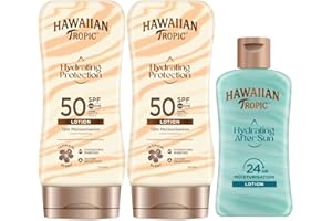Hawaiian Tropic Hydrating Protection SPF 50 - Loción Solar Protectora con Cintas de Seda Hidratantes, Crema, 180 ml (Paquete de 2) + Loción After Sun Hydrating Protection Formato Viaje 60 ml