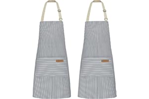 Hwtcjx 2 Piezas Delantal Antiincrustante y Ajustable, Delantal de Cocina, Rayas Mandiles con Bolsillos para Cocinar y Hornear para Mujeres, Hombre y Pareja(Rayas negras gruesas y rayas finas marrones)