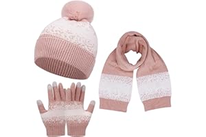 Baynetin Jeu de Gants D'écharpe de Bonnet d'hiver pour Les Femmes Hommes Couples - Chaud Tricot Flocon de Neige Pom Chapeau, Snood/écharpe Longue, Gants à écran Tactile 3 Pièces