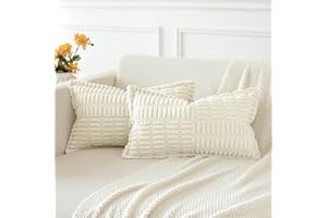 JOTOM Set of 2 Corduroy Soft Striped Cushion Covers with Splicing 30x50 cm Boho Decorative Throw Pillow Covers Lumbar Cushion Case Couch Pillowcases for Sofa Bed Home Decor 12x20 Inch (Cream White)