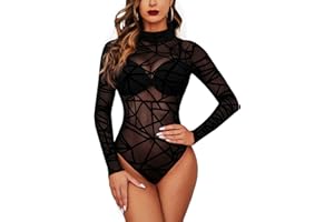 Avidlove Damen Body Sexy Bodysuit Elegant Mesh Top Langarm Formende Bodys Rollkragen Oberteil Dessous Babydoll
