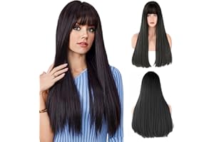 LUFFLOK Black Long Straight Wig With Flat Bangs for Women - Natural Shoulder Length Heat Resistant Synthetic Hair for Party Cosplay Daily Use - 28" Black
