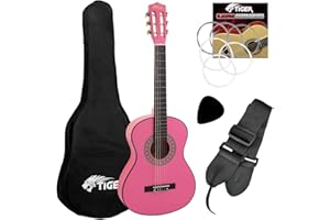 Tiger Pakiet do gitary klasycznej w rozmiarze 1/4 – dla początkujących gitara klasyczna z akcesoriami w kolorze różowym