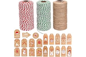 OEMG 150M Spago per Decorazioni + 100 Etichette Regalo Natalizie Kraft, 2mm Naturale Spago Iuta e Spago Verde Bianco e Rosso Cotone Baker Twine, per Confezioni Regalo Cucina Cottura DIY l'artigianato