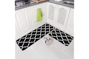 Carvapet 2 Piece Non-Slip Kitchen Rugs Machine Washable Moroccan Pattern Doormat Kitchen Floor Mat (Black)