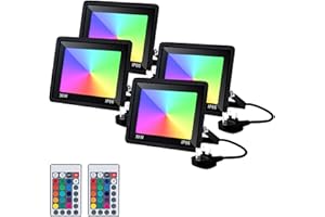 FTL 30W LED Floodlight Outdoor,300W Equivalent Colour Changing Flood Lights,Dimmable,16 Colours & 4 Modes,Timing,IP66 Waterproof RGBW LED Floodlights with Remote Control,UK 3-Plug,4 Pack