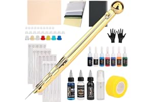 EIPTWH Kit de tatuaje Hand Poke Stick para Principiantes,20 Agujas,Juego de Tintas de Tatuaje de 7 Colores,Kit de Bricolaje con gel de Transferencia Jabón Azul, Tinta de Tatuaje Negro (Oro)