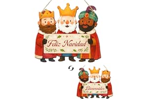 BOYATONG Decoracion Navidad Reyes Magos de Madera para Puerta, Doble Cara con “Feliz Navidad” y “Bienvenidos”, Adorno para Casa, Entrada, Ventana o Balcón