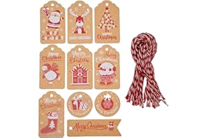 ZHIYE Christmas Tags, 50 Pieces 10 Styles Kraft Paper Tag Hang Labels with 50pcs Cotton String for Decorating Christmas Trees or Packaging