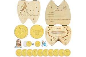 VICTERR Zahnfee Münzen & Zahndose Milchzähne Anzug, 10 Stück Zahnfee Goldtaler, 1 Stück Personalisierte Milchzahndose, Ideen aus den Geschichten der Zahnfee, Zahnfee Geschenke für Mädchen Junge