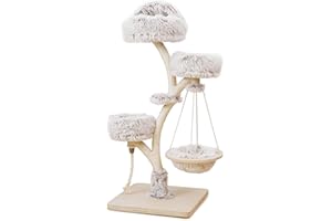 Fudajo Arbre Chat Design 130cm Beige et Marron Forme Branche avec Peluche et Sisal Tronc de grattage Hamac Grattoir Tour Mobilier ludique Animal Domestique