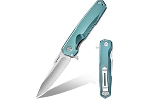 TONIFE Visión Cuchillo Plegable al Aire Libre con Hoja de 8Cr14MoV y Mango de Aluminio Cuchillo de Supervivencia con Clip de Bolsillo para Camping Bushcraft (Cian - Satín)