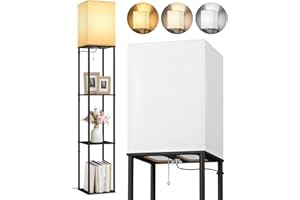 OUTON 3 Layers Floor Lamp with Shelves, Modern Standing Lamp with Wood Shelf, Tall Bookshelf with 3 Color Temperatures, Dimmable LED Reading Lamp for Living Room, Bedroom, Office, Black & Square