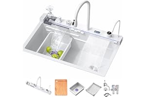 FGNIXLN Lavello da cucina T304 in acciaio inox, lavello da cucina multifunzionale, lavello a cascata, lavello da incasso con rubinetto digitale multifunzionale e vari accessori (80 x 45 cm, bianco)
