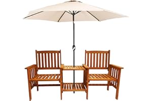 GROUNDLEVEL Hardwood Garden Love Seat Patio Companion Chair Garden Patio Furniture Wooden Chairs Outdoor Living 2 Seater with Table Decking Conservatory with Parasol Option (Love Seat with Cream Crank Parasol)