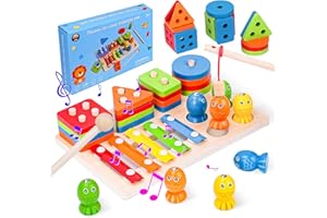 Arbolisse Magnetisches Angelspiel Montessori Spielzeug ab 1 2 3 Jahre Kinderspielzeug, 3 in 1 Xylophon&Stapelspielzeug Motorikspielzeug Holzspielzeug ab 1 Jahr, kinderspielzeug ab 1-2 Jahre