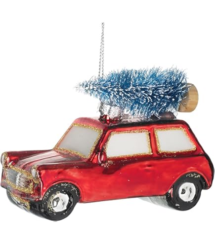 Kerstboomversiering auto glas 9,5 cm - figuur om op te hangen - mondgeblazen & met glitter - kerstboomhanger voor Kerstmis - kerstboomhangers en kerstboomversiering - voertuig auto rood