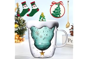 Purpledi Tasse de Noël Verres à Double, Tasses à Café D'arbre de Noël Tasse à Café,Tasse de Double Paroi Coupe en Verre Sapin de Poignée Parfait pour Latté