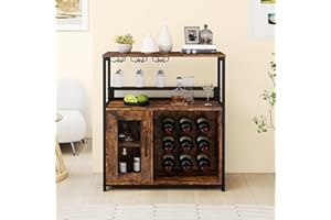 GIANTEX Armadio per vino con 3 portabicchieri e armadietti con 9 bottiglie, mobile da vino con kit antiribaltamento, organizzatore industriale per soggiorno, sala da pranzo, cucina, bar, marrone